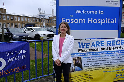 Helen Maguire outside Epsom Hospital